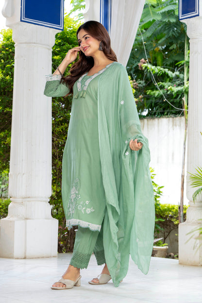 Green Embroidered Cotton Kurta and Pant Set with Dupatta