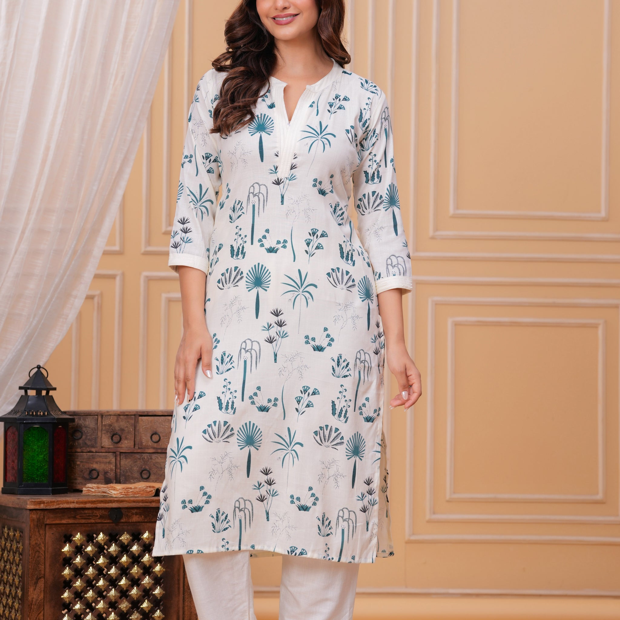 Blue White Printed Cotton Kurta and Pant Set