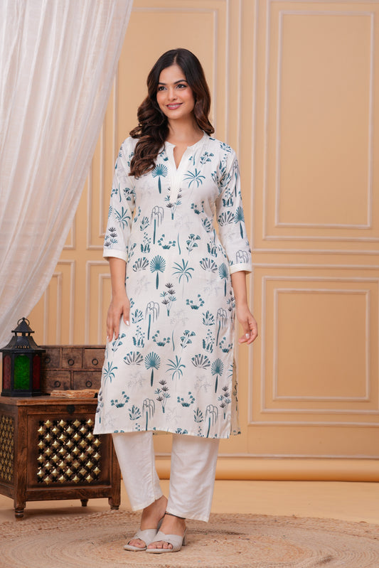 Blue White Printed Cotton Kurta and Pant Set
