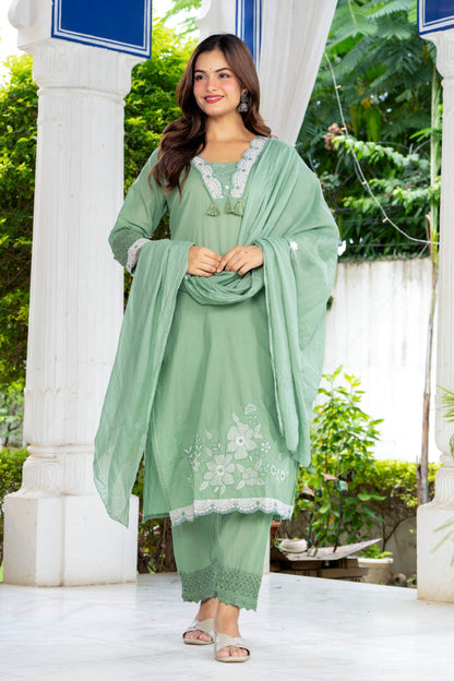 Green Embroidered Cotton Kurta and Pant Set with Dupatta