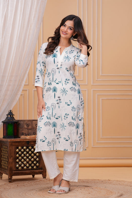 Blue White Printed Cotton Kurta and Pant Set