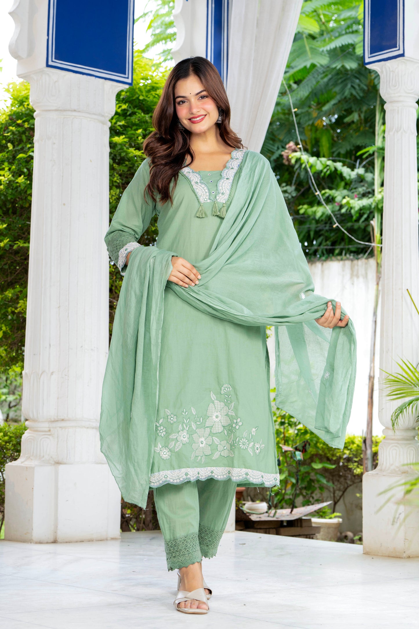Green Embroidered Cotton Kurta and Pant Set with Dupatta