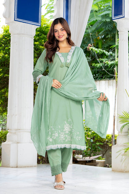 Green Embroidered Cotton Kurta and Pant Set with Dupatta