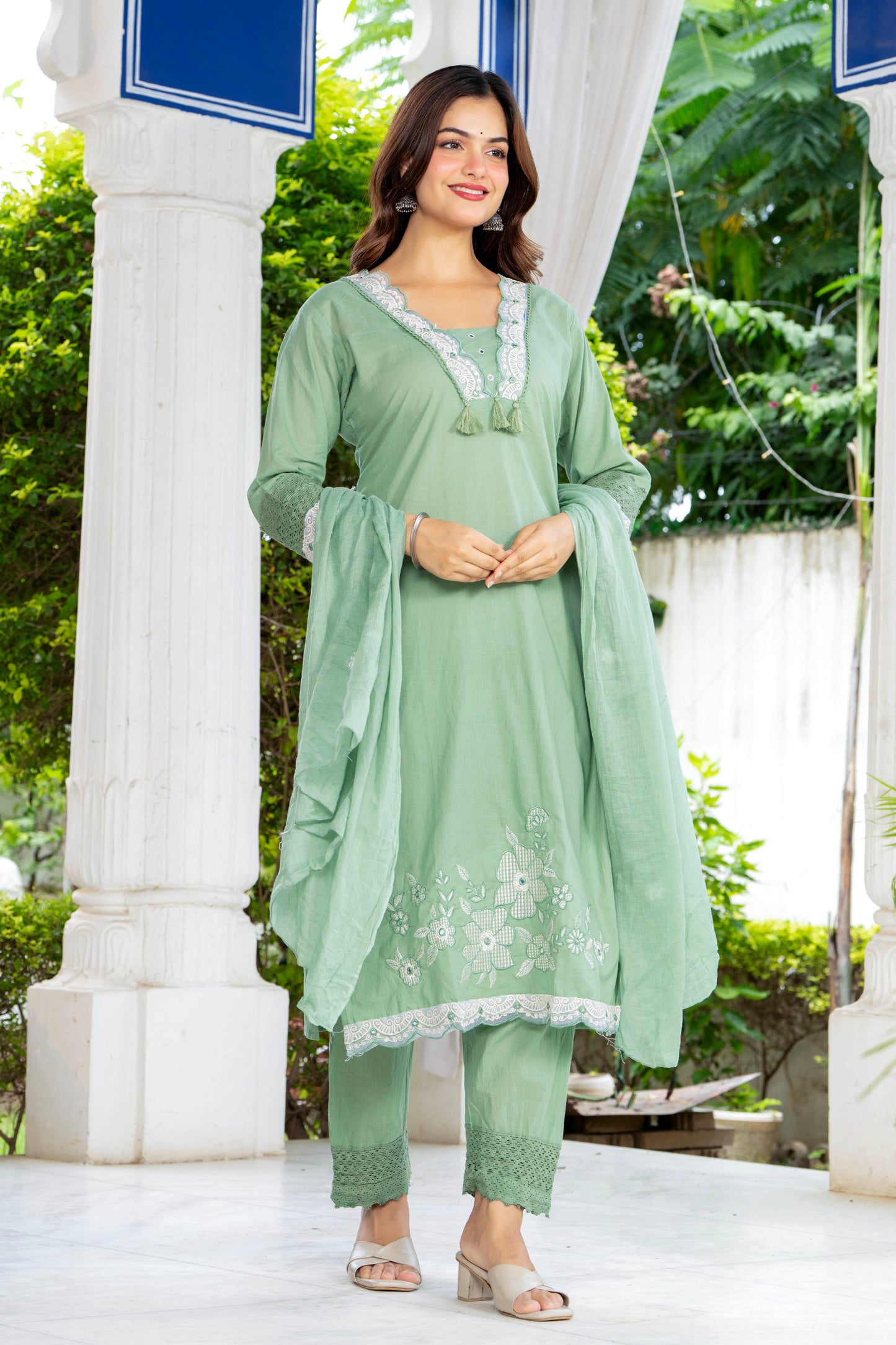 Green Embroidered Cotton Kurta and Pant Set with Dupatta