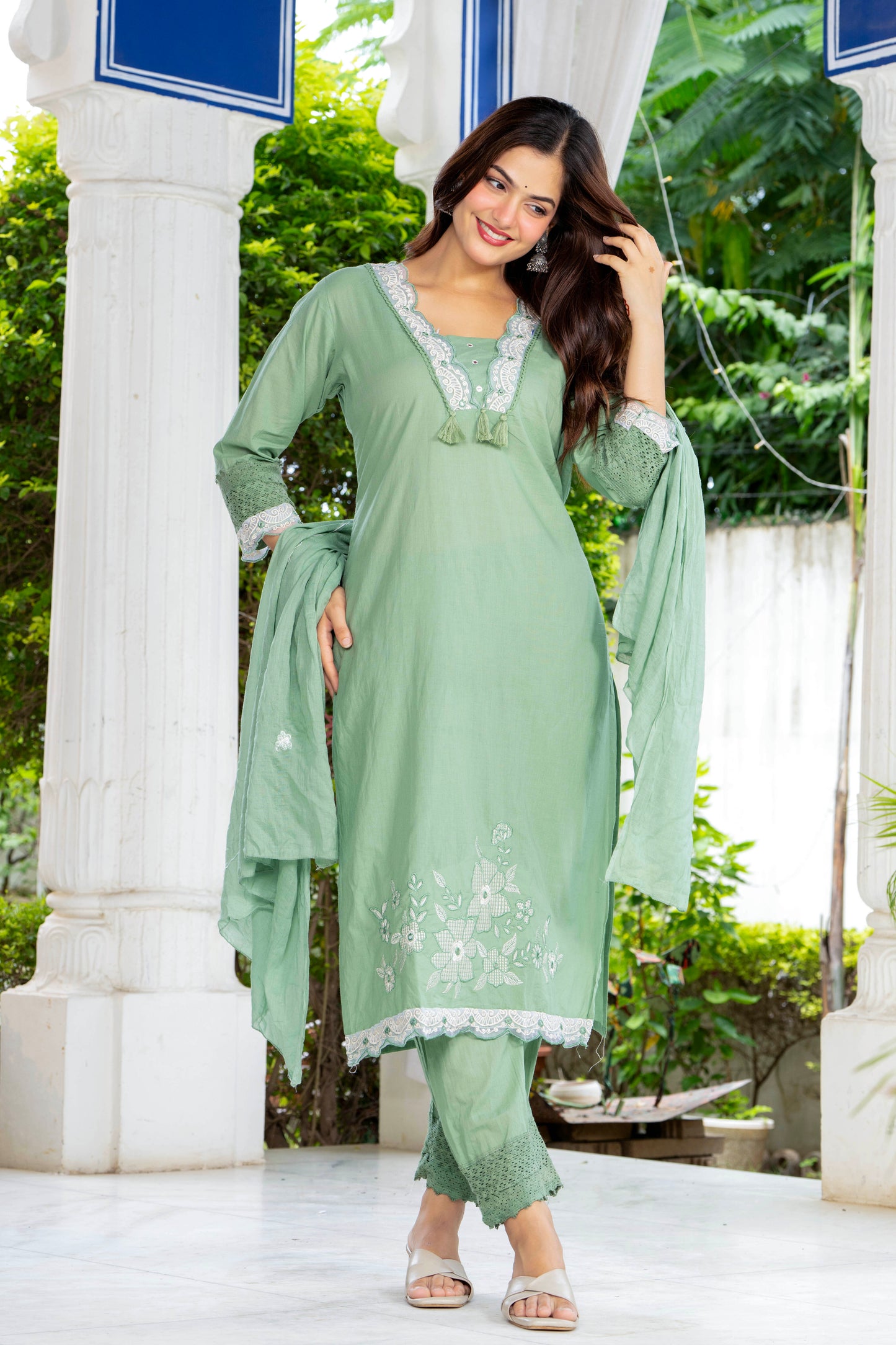 Green Embroidered Cotton Kurta and Pant Set with Dupatta