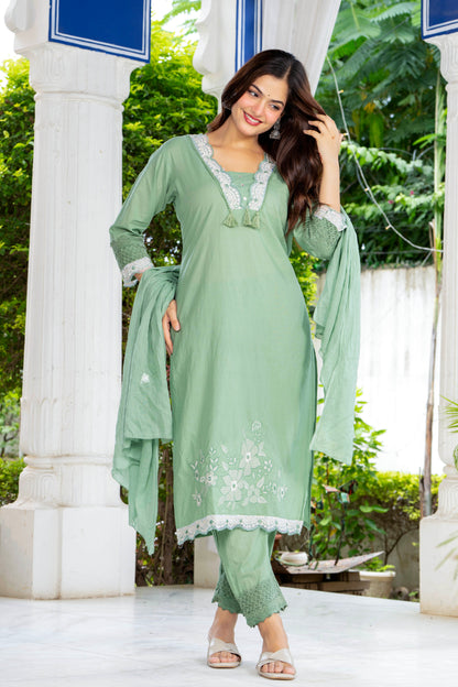 Green Embroidered Cotton Kurta and Pant Set with Dupatta