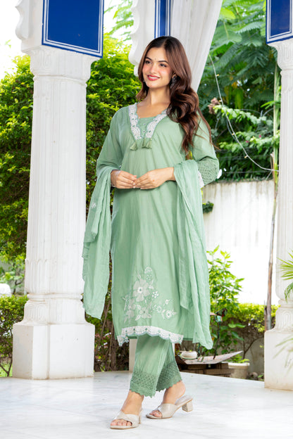 Green Embroidered Cotton Kurta and Pant Set with Dupatta