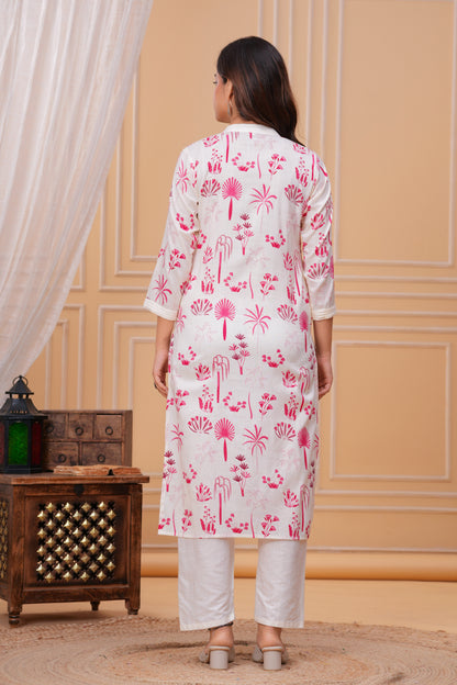Pink White Printed Cotton Kurta and Pant Set