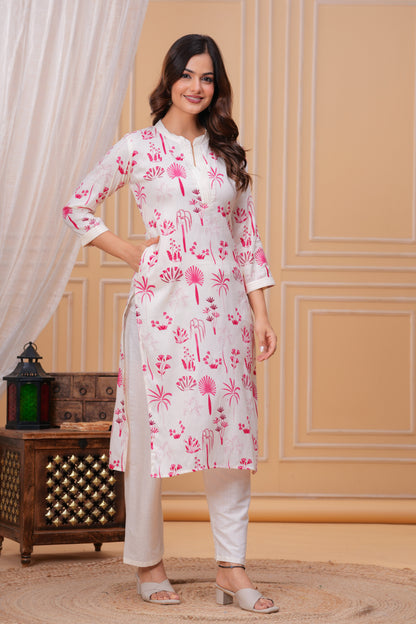 Pink White Printed Cotton Kurta and Pant Set