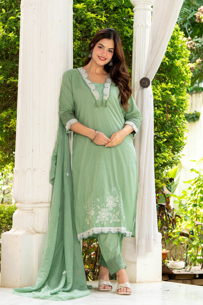 Green Embroidered Cotton Kurta and Pant Set with Dupatta