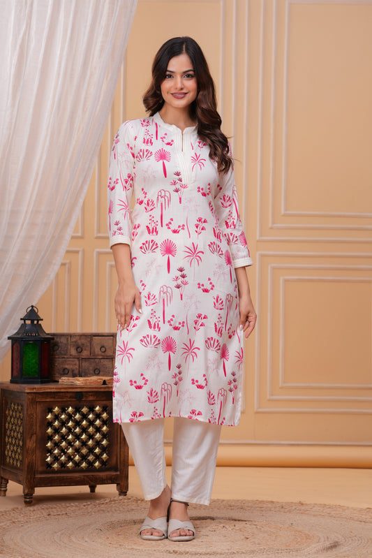 Pink White Printed Cotton Kurta and Pant Set