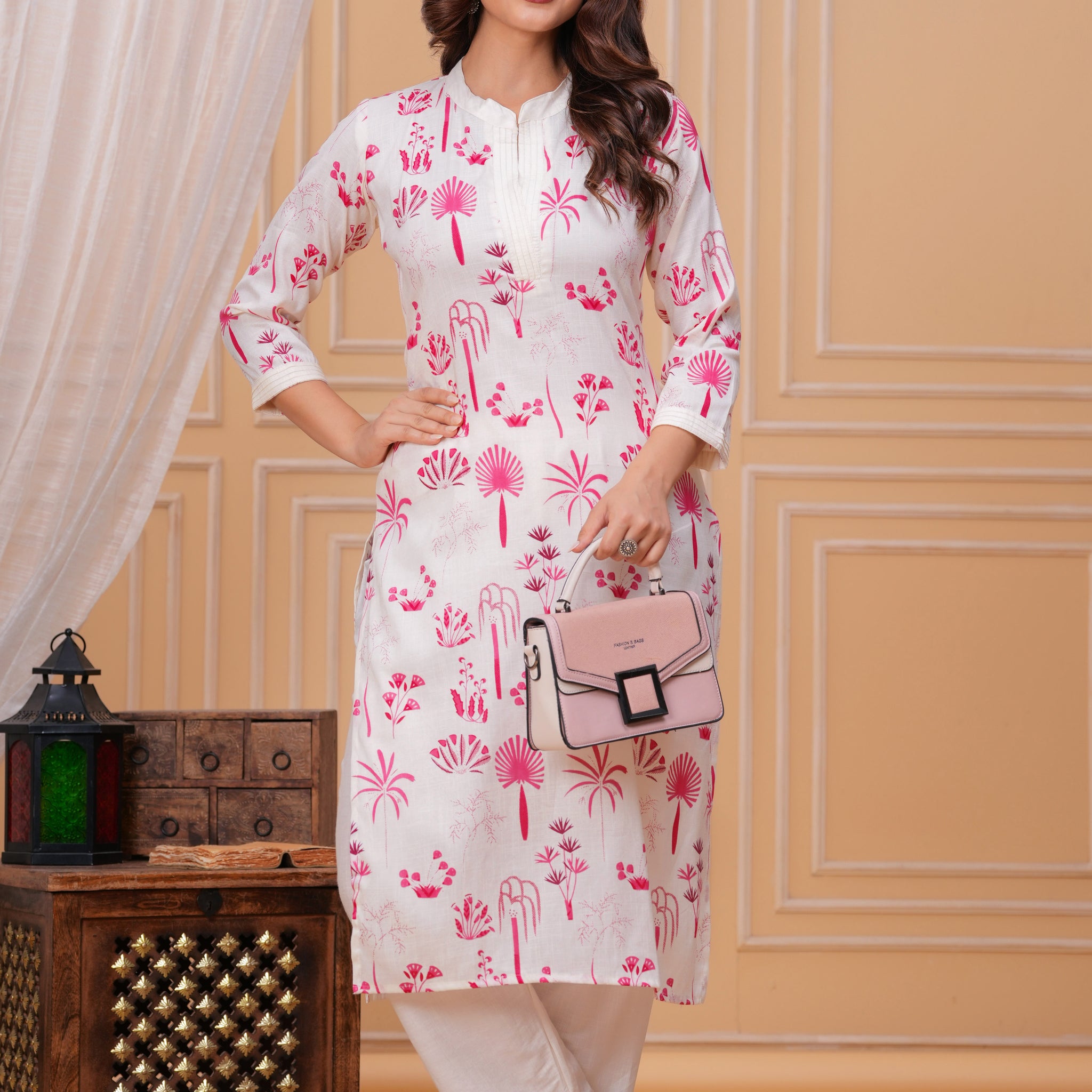 Pink White Printed Cotton Kurta and Pant Set