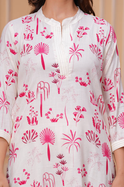 Pink White Printed Cotton Kurta and Pant Set