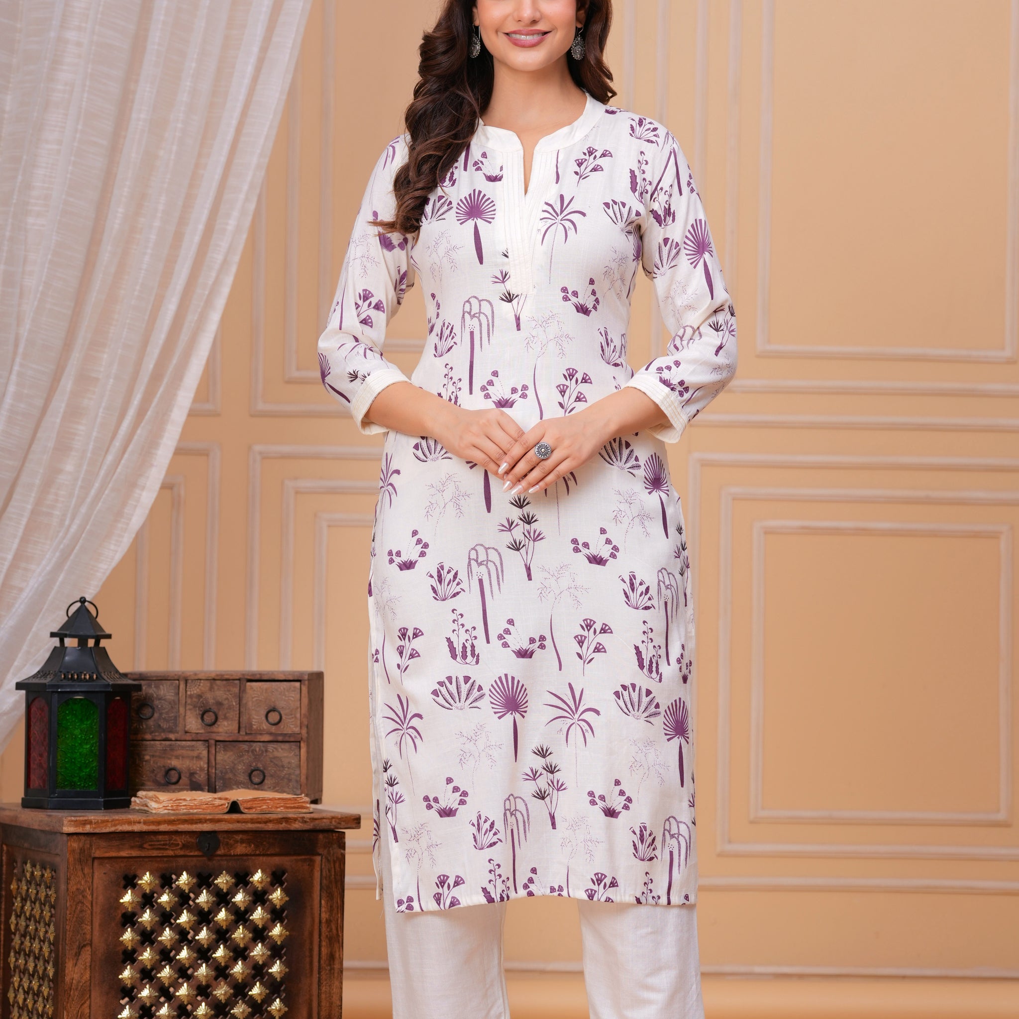 Purple White Printed Cotton Kurta and Pant Set