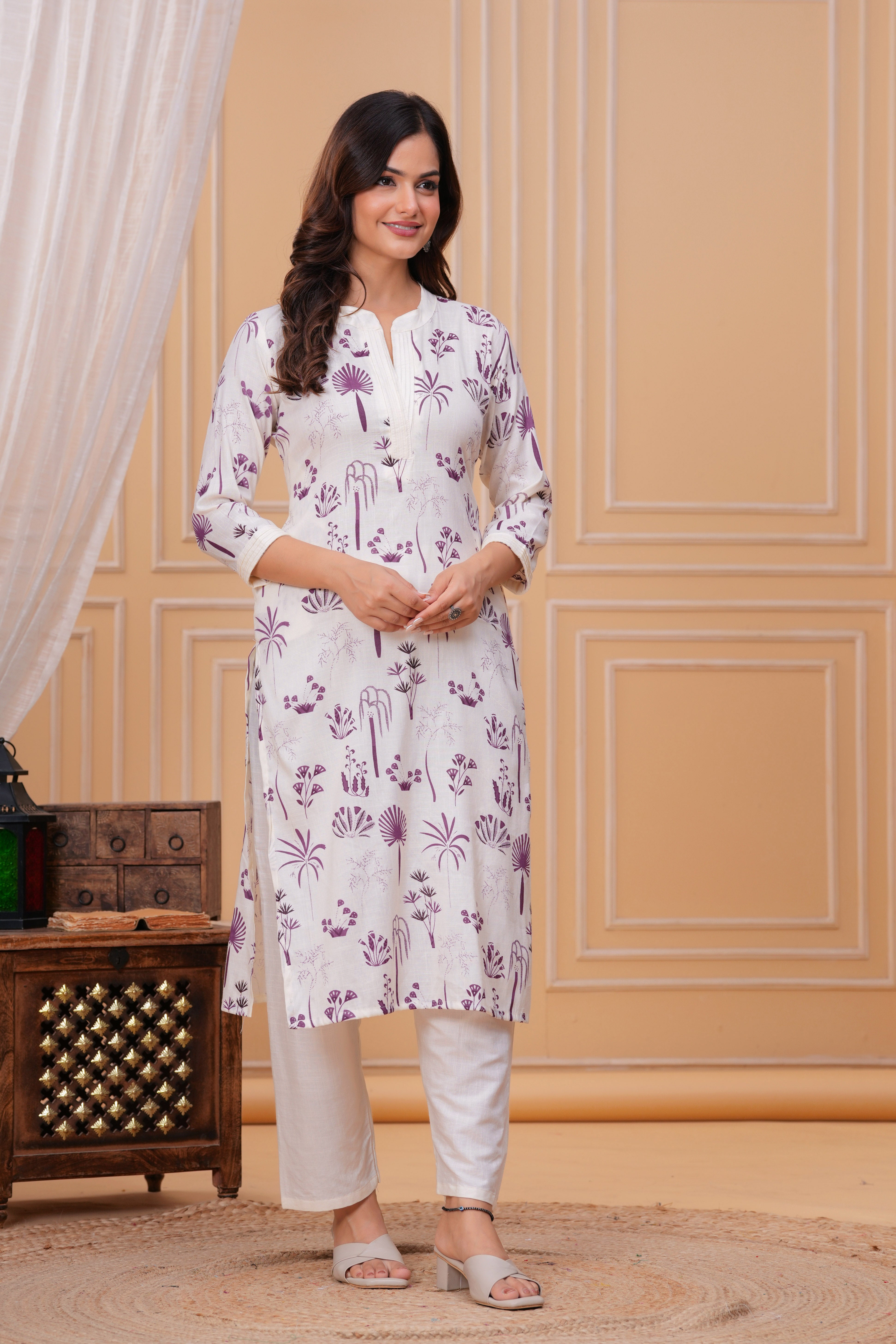 Purple White Printed Cotton Kurta and Pant Set