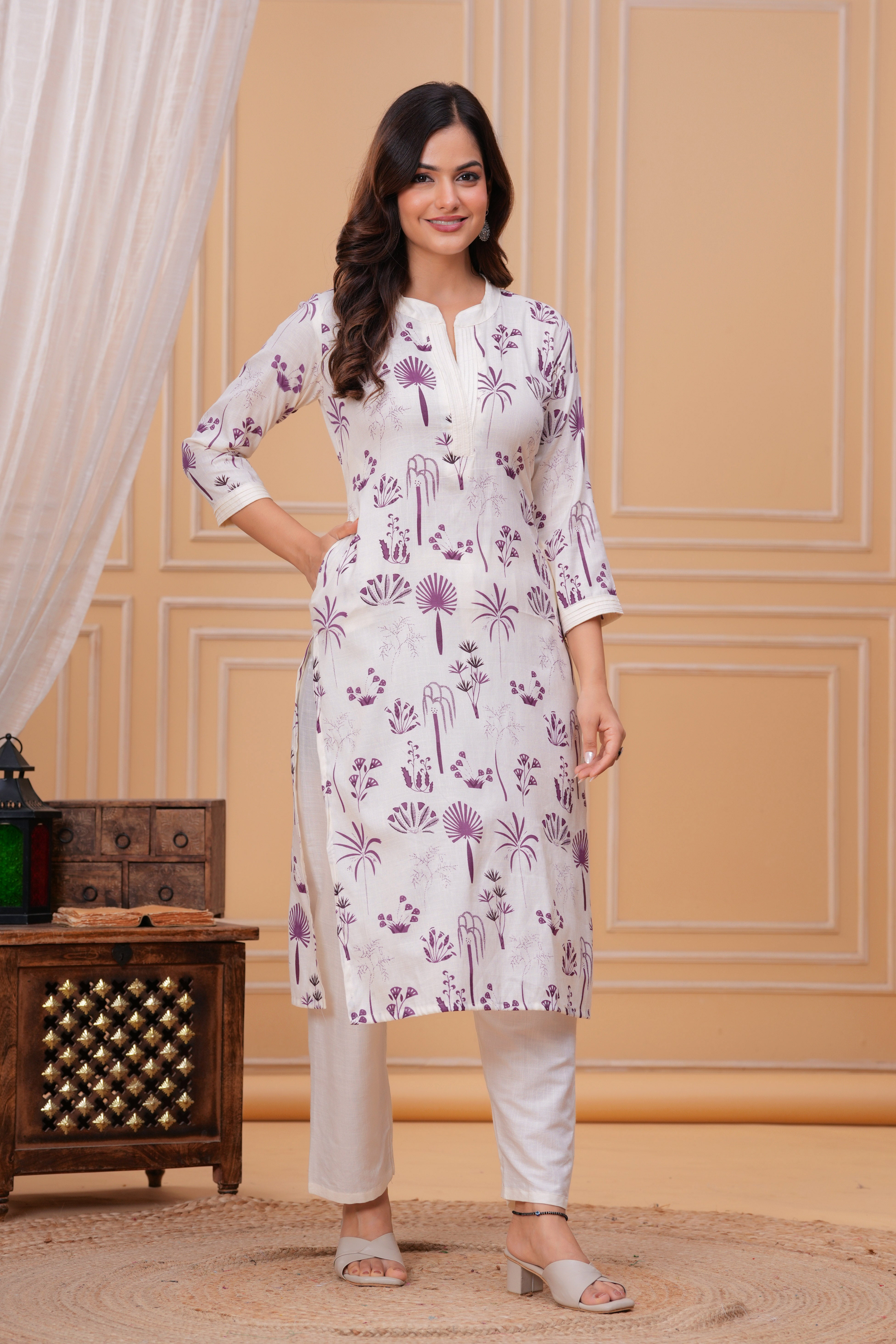 Purple White Printed Cotton Kurta and Pant Set