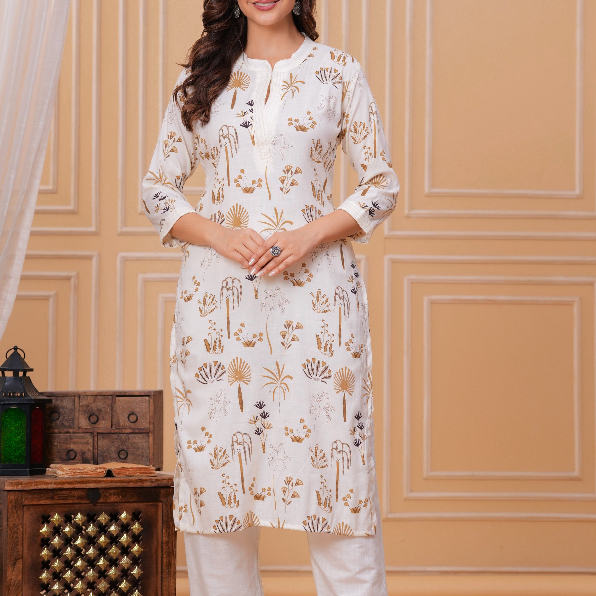 Golden White Printed Cotton Kurta and Pant Set