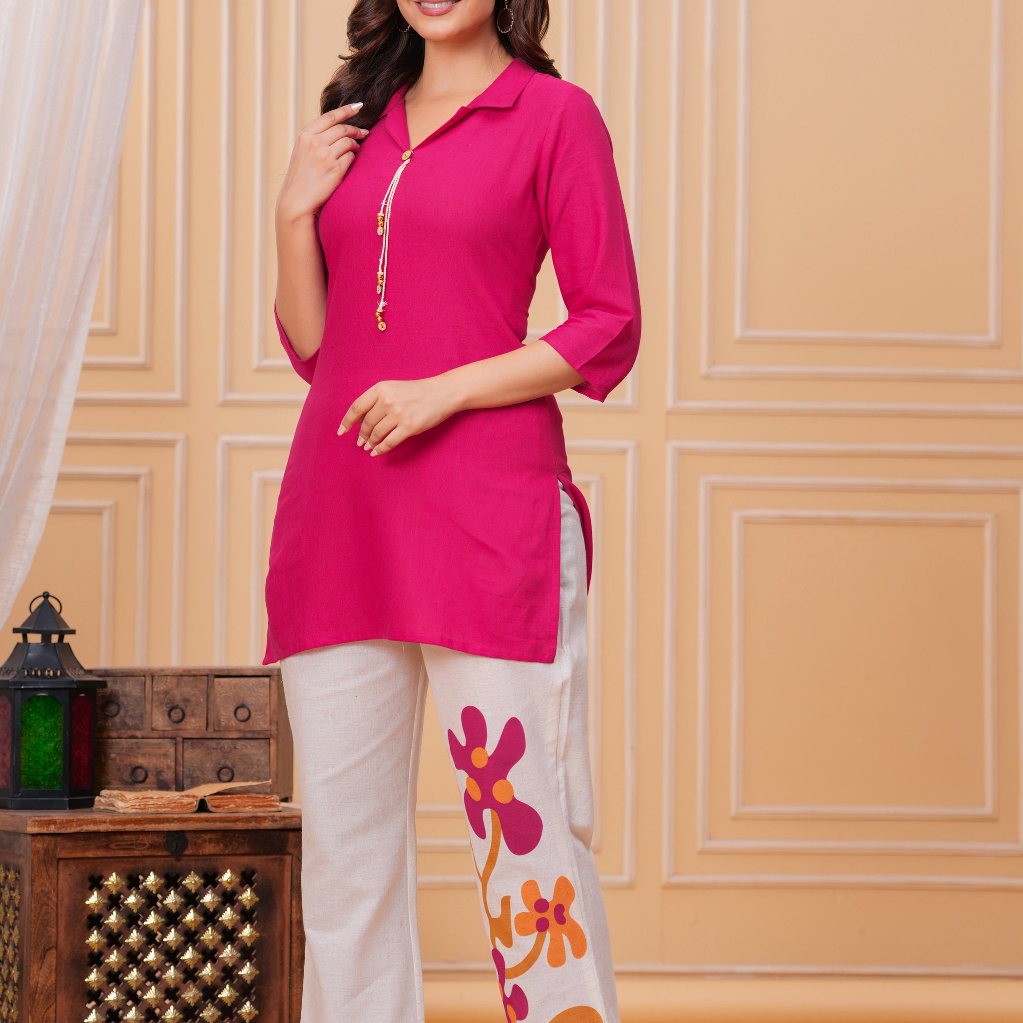 Red Beige Printed Cotton Flex Co-Ord Set