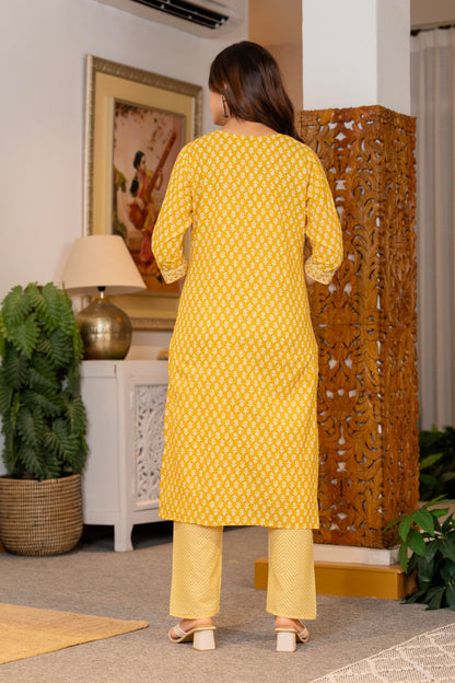 Yellow Printed Cotton Kurta and Pant Set with Dupatta