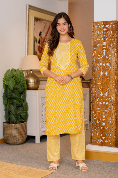 Yellow Printed Cotton Kurta and Pant Set with Dupatta