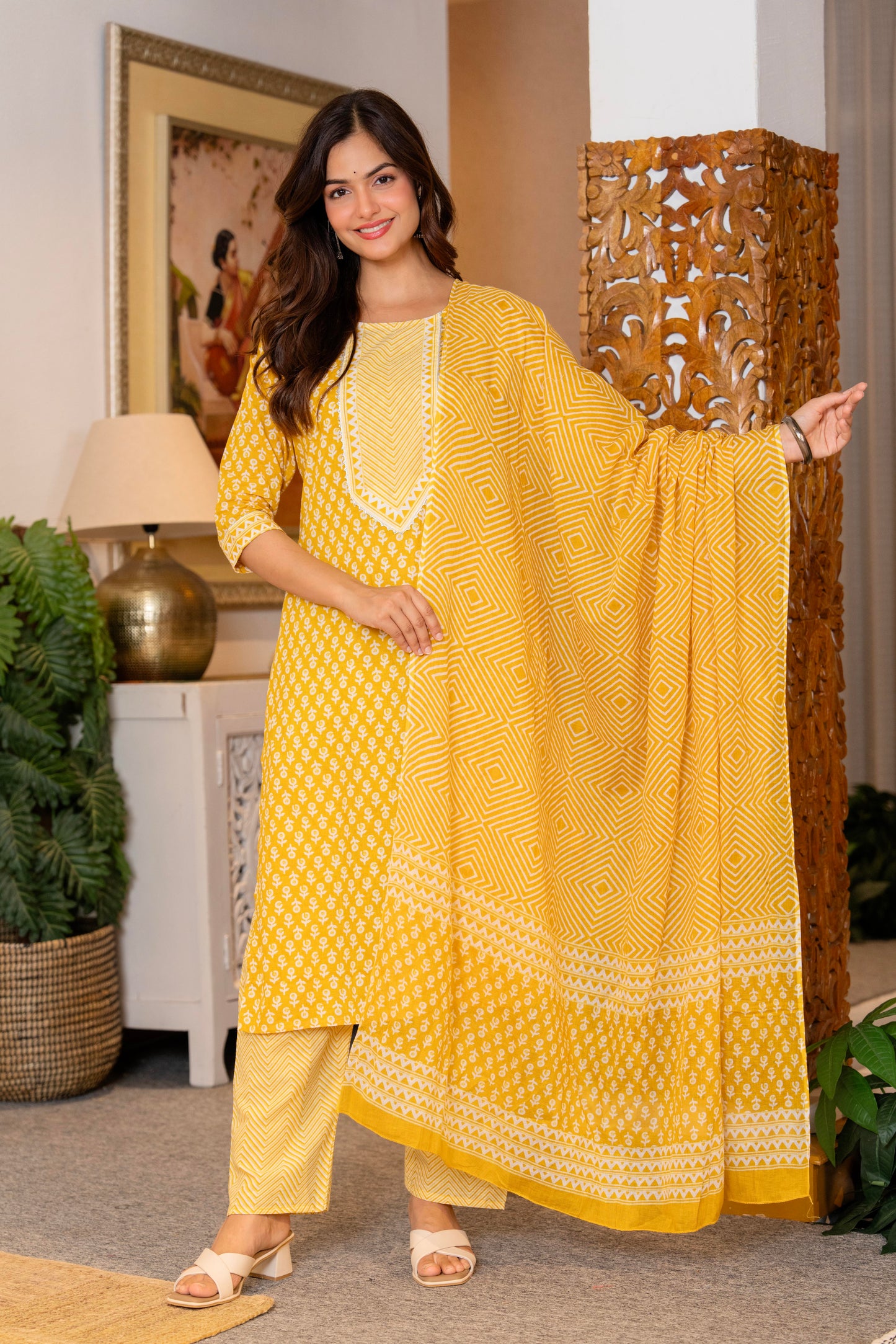 Yellow Printed Cotton Kurta and Pant Set with Dupatta