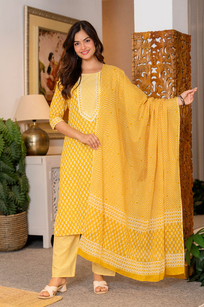 Yellow Printed Cotton Kurta and Pant Set with Dupatta