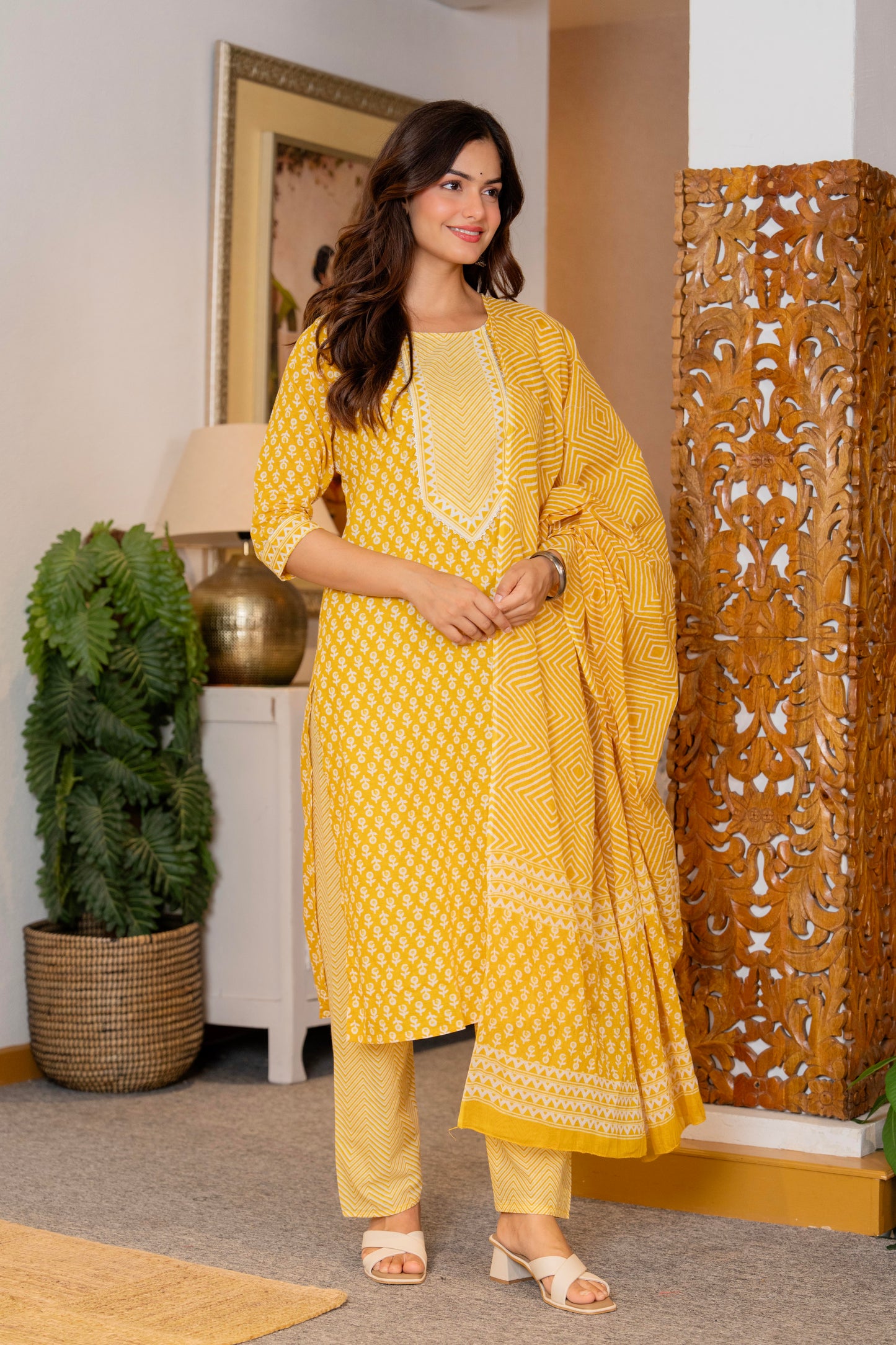 Yellow Printed Cotton Kurta and Pant Set with Dupatta