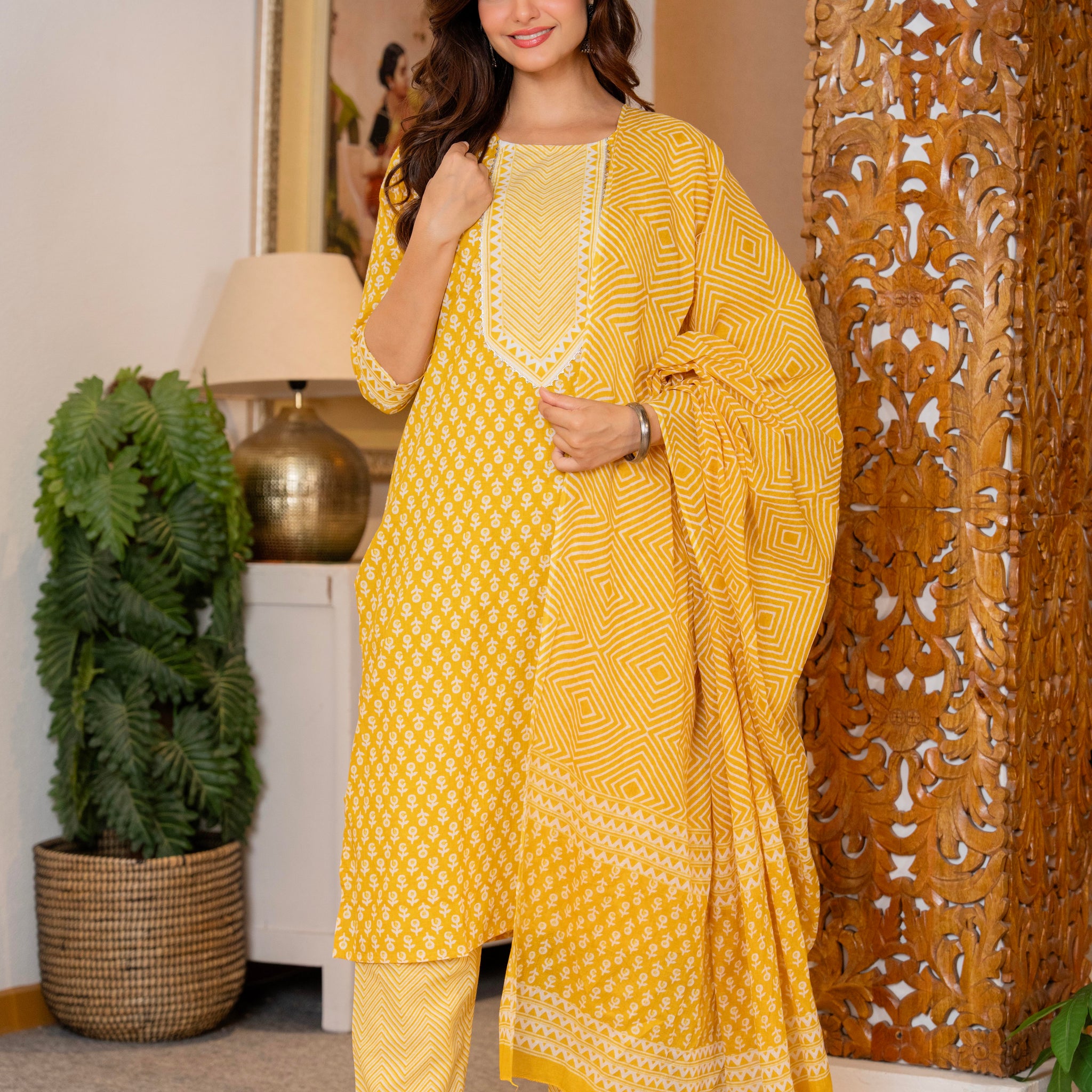 Yellow Printed Cotton Kurta and Pant Set with Dupatta