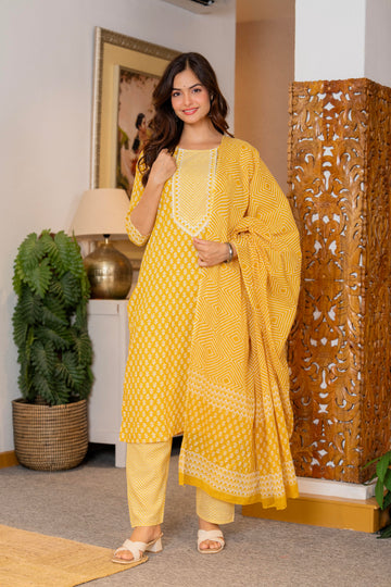 Yellow Printed Cotton Kurta and Pant Set with Dupatta