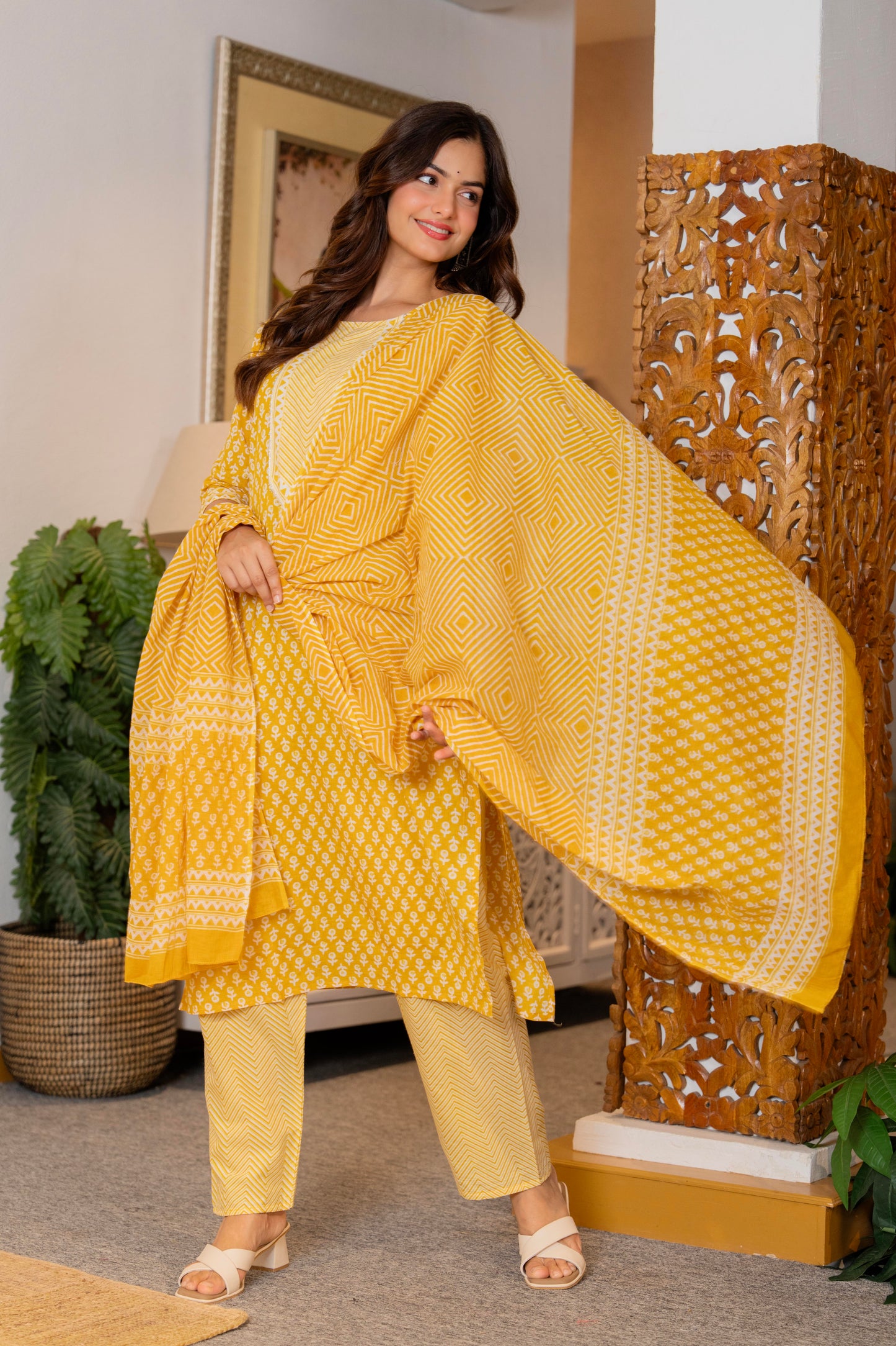 Yellow Printed Cotton Kurta and Pant Set with Dupatta