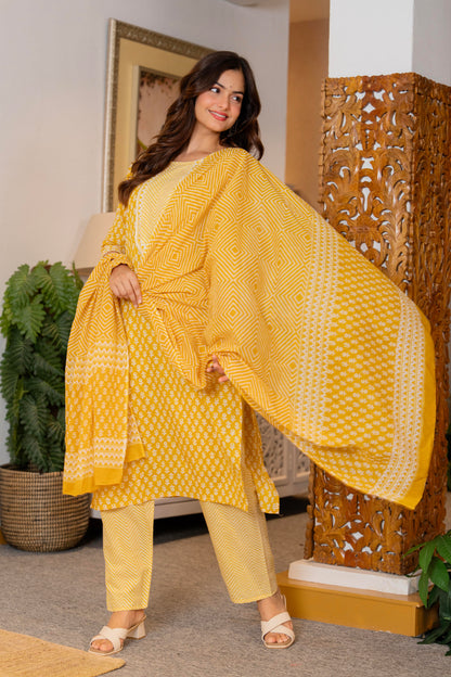 Yellow Printed Cotton Kurta and Pant Set with Dupatta