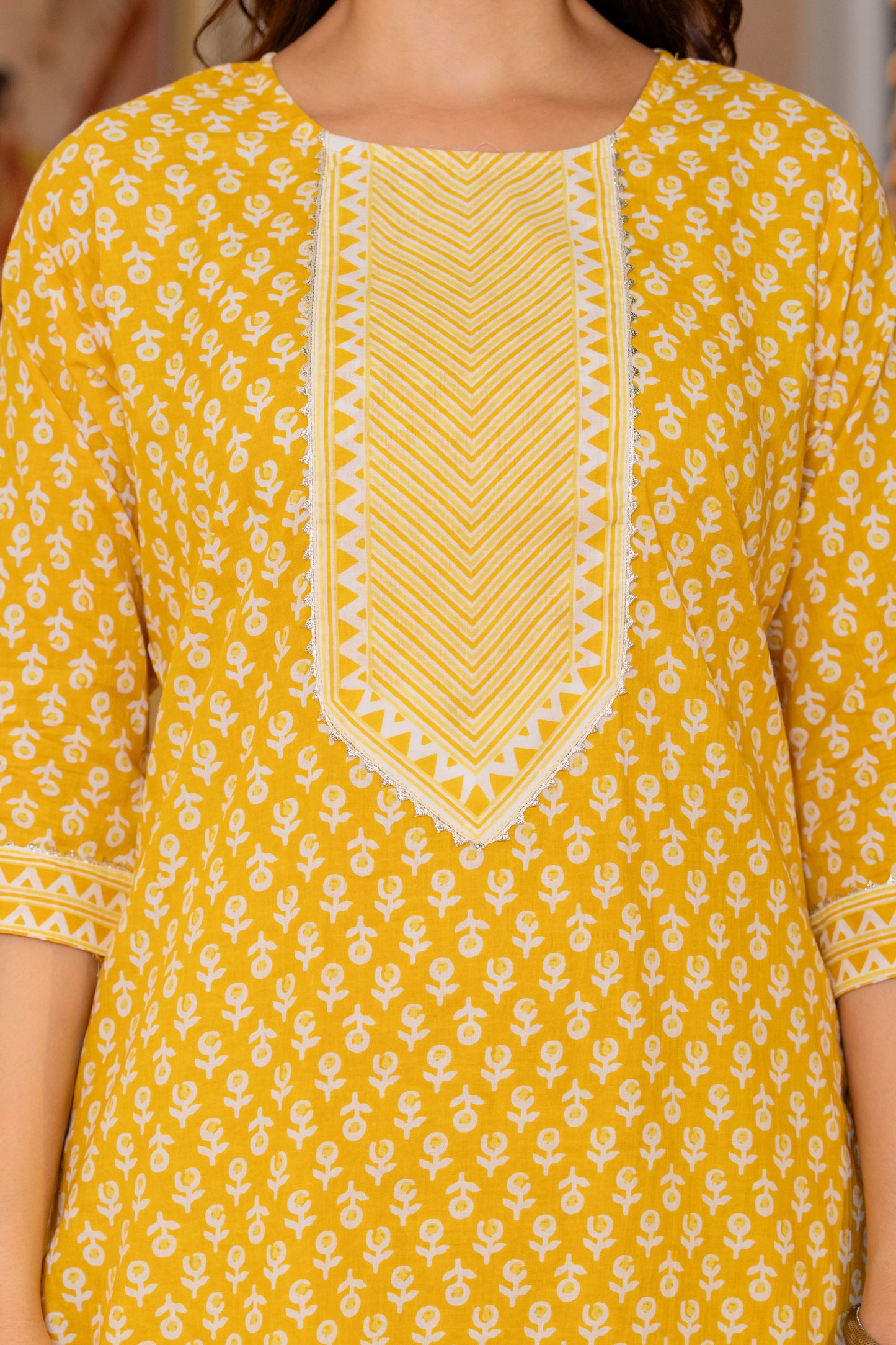 Yellow Printed Cotton Kurta and Pant Set with Dupatta