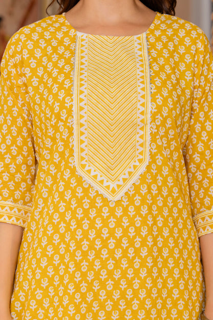 Yellow Printed Cotton Kurta and Pant Set with Dupatta