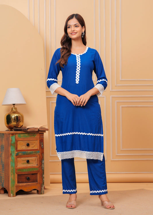 Blue Lace Work Cotton Kurta and Pant Set