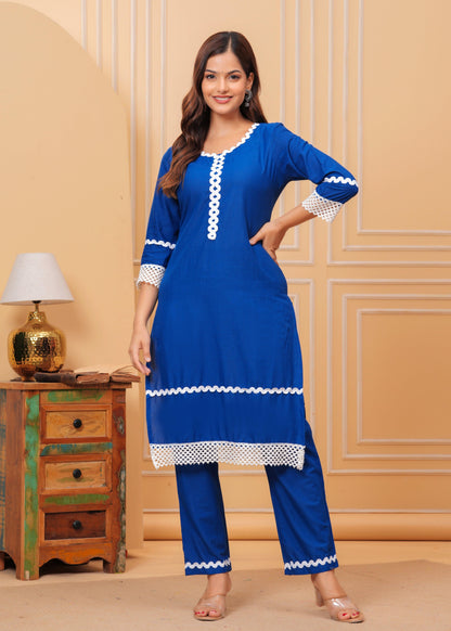 Blue Lace Work Cotton Kurta and Pant Set