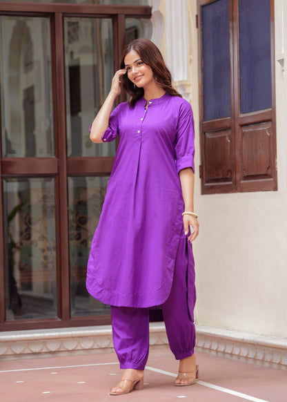 Purple Cotton Pathani Kurta and Afghani Pant Set
