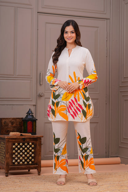 Off White Printed Cotton Flex Co-Ord Set