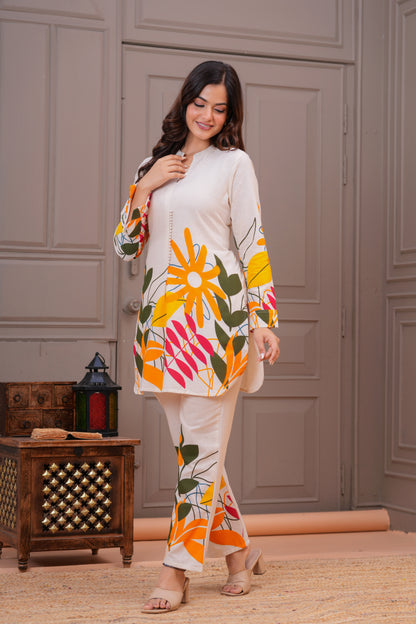 Off White Printed Cotton Flex Co-Ord Set
