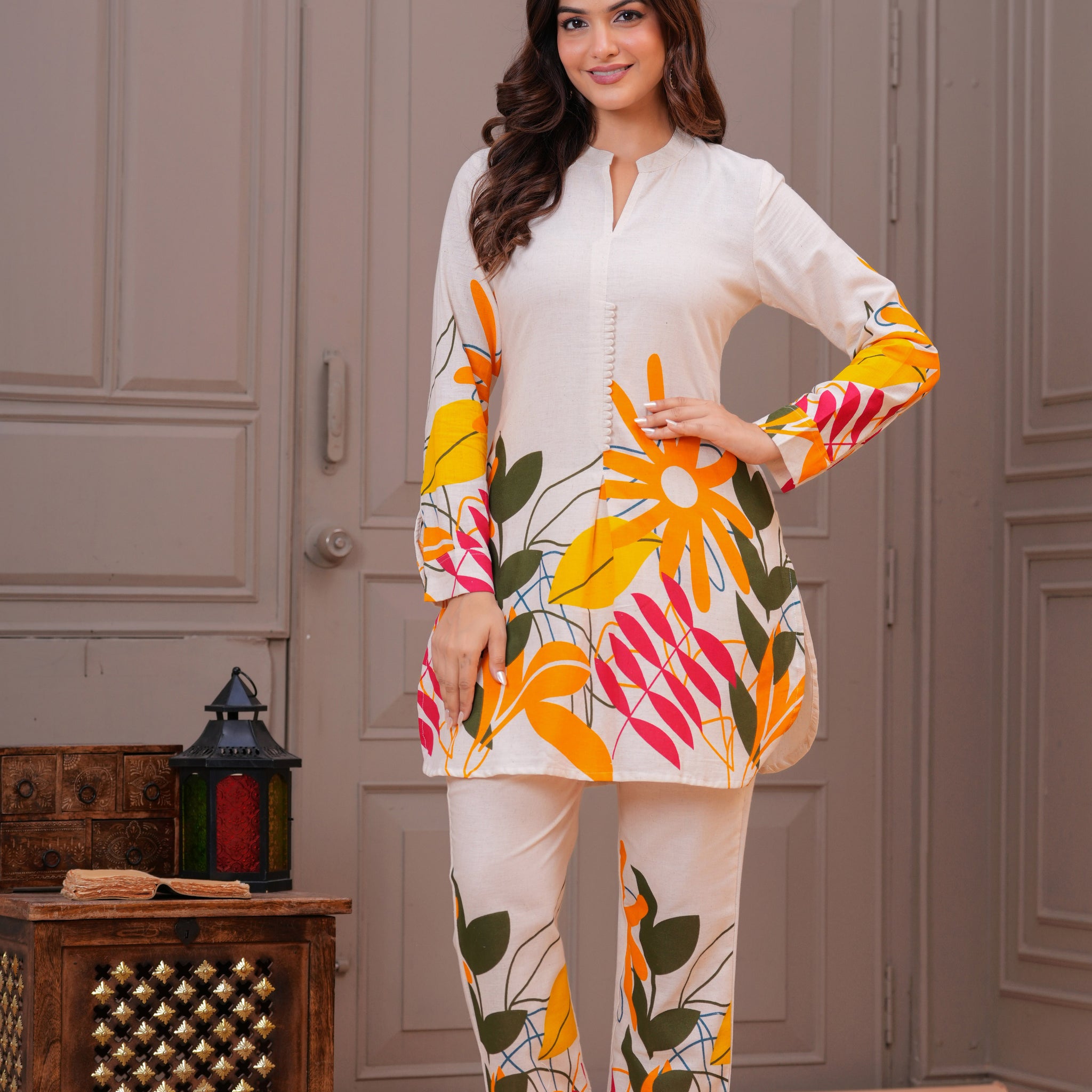 Off White Printed Cotton Flex Co-Ord Set