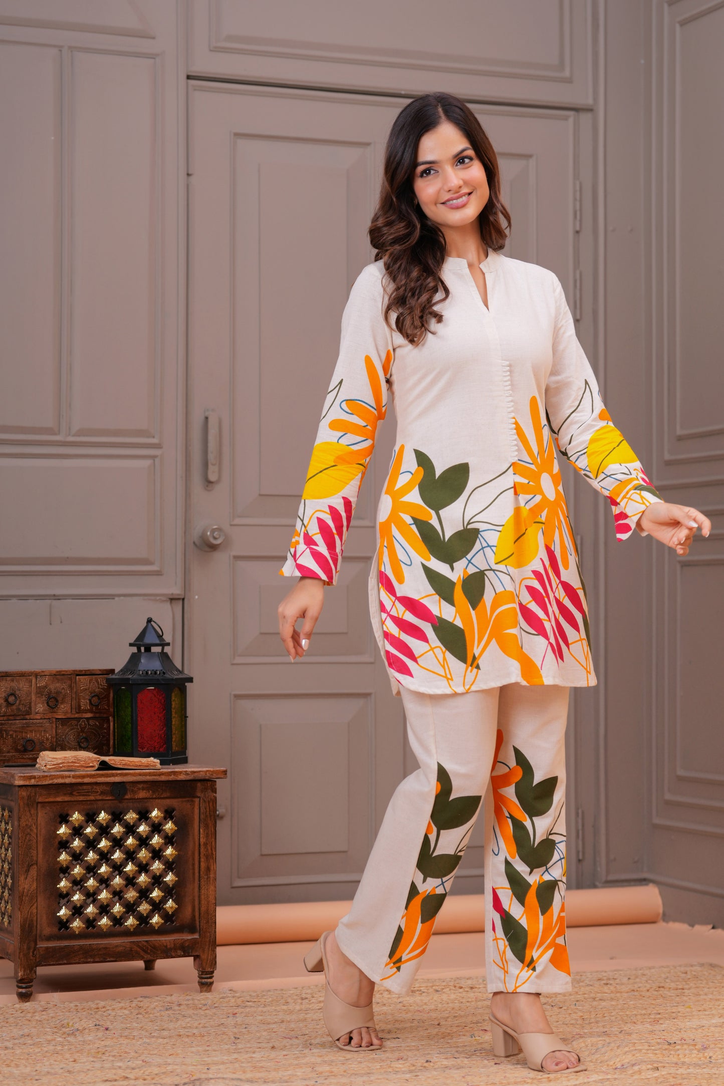 Off White Printed Cotton Flex Co-Ord Set