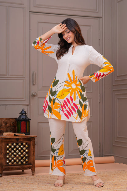 Off White Printed Cotton Flex Co-Ord Set