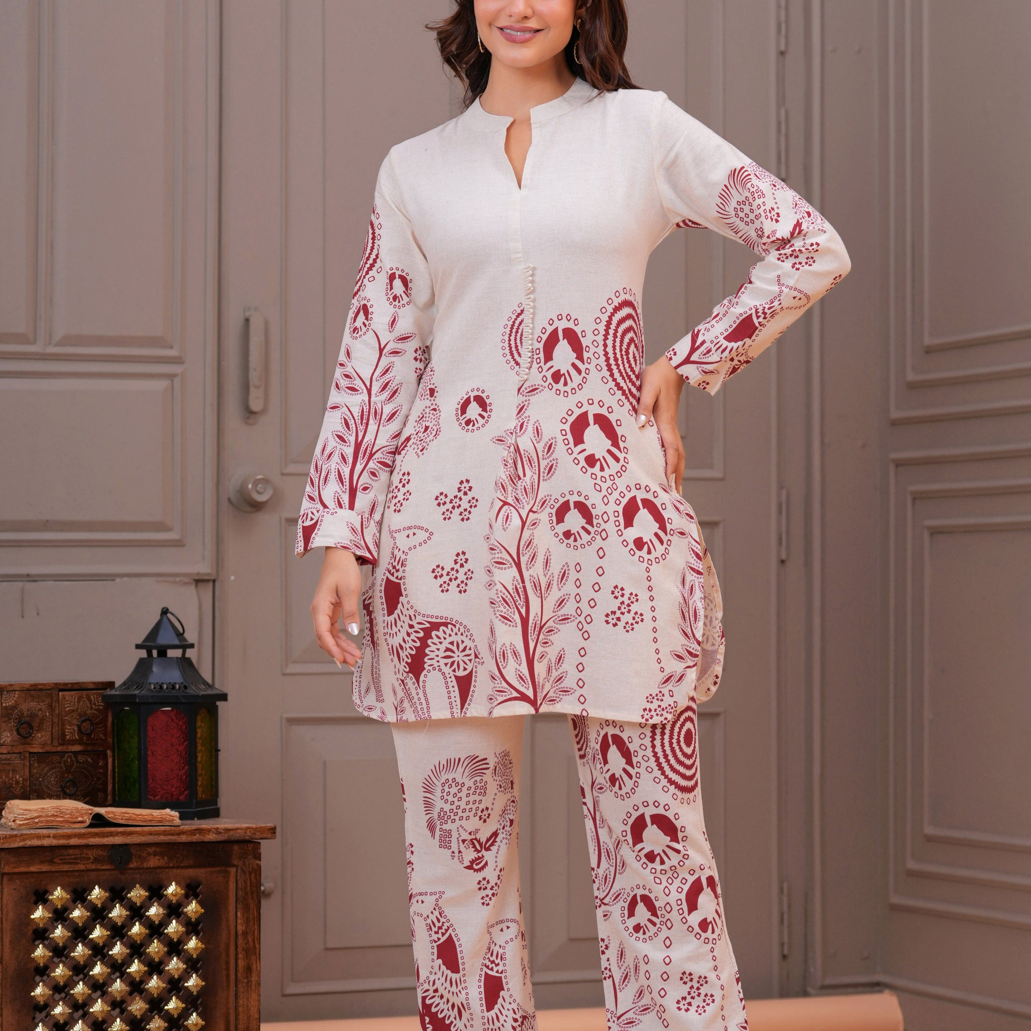 Off White Printed Cotton Flex Co-Ord Set