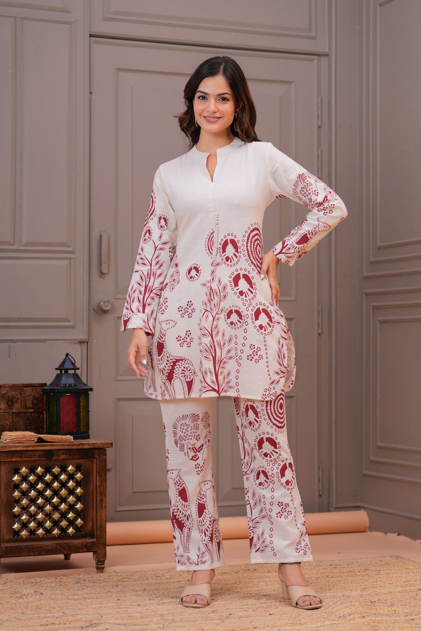 Off White Printed Cotton Flex Co-Ord Set