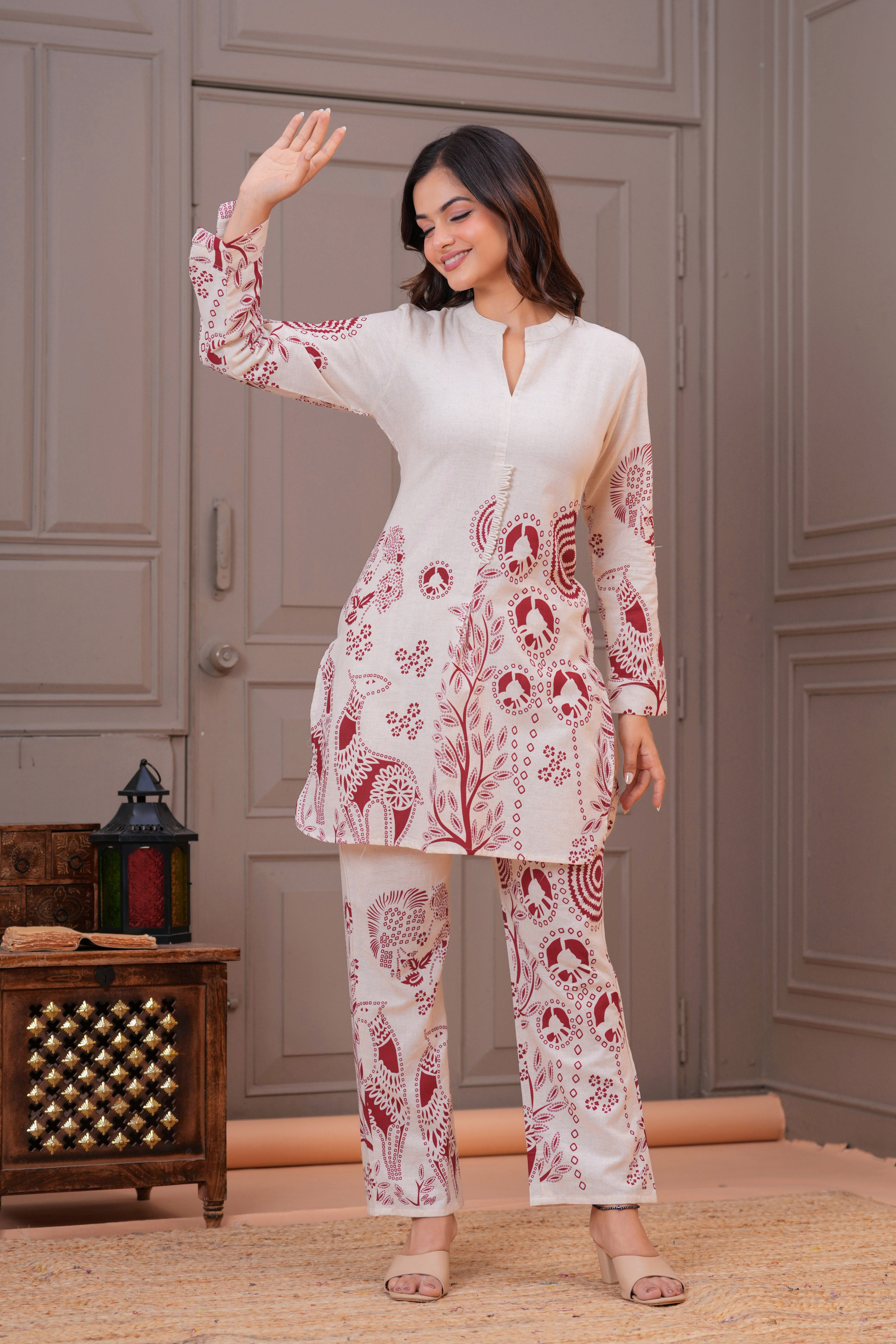 Off White Printed Cotton Flex Co-Ord Set