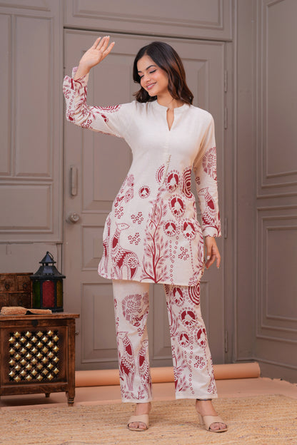 Off White Printed Cotton Flex Co-Ord Set