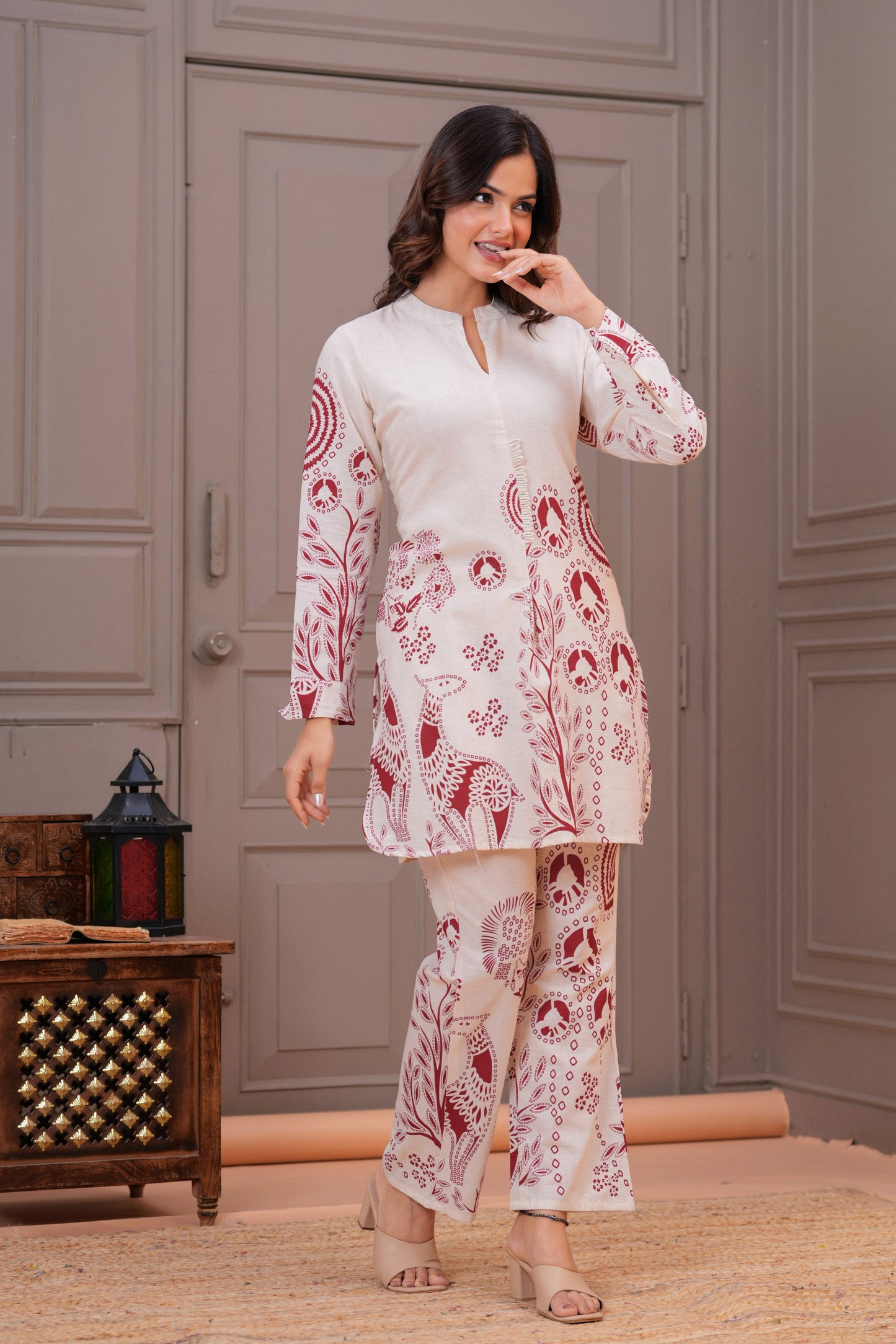 Off White Printed Cotton Flex Co-Ord Set