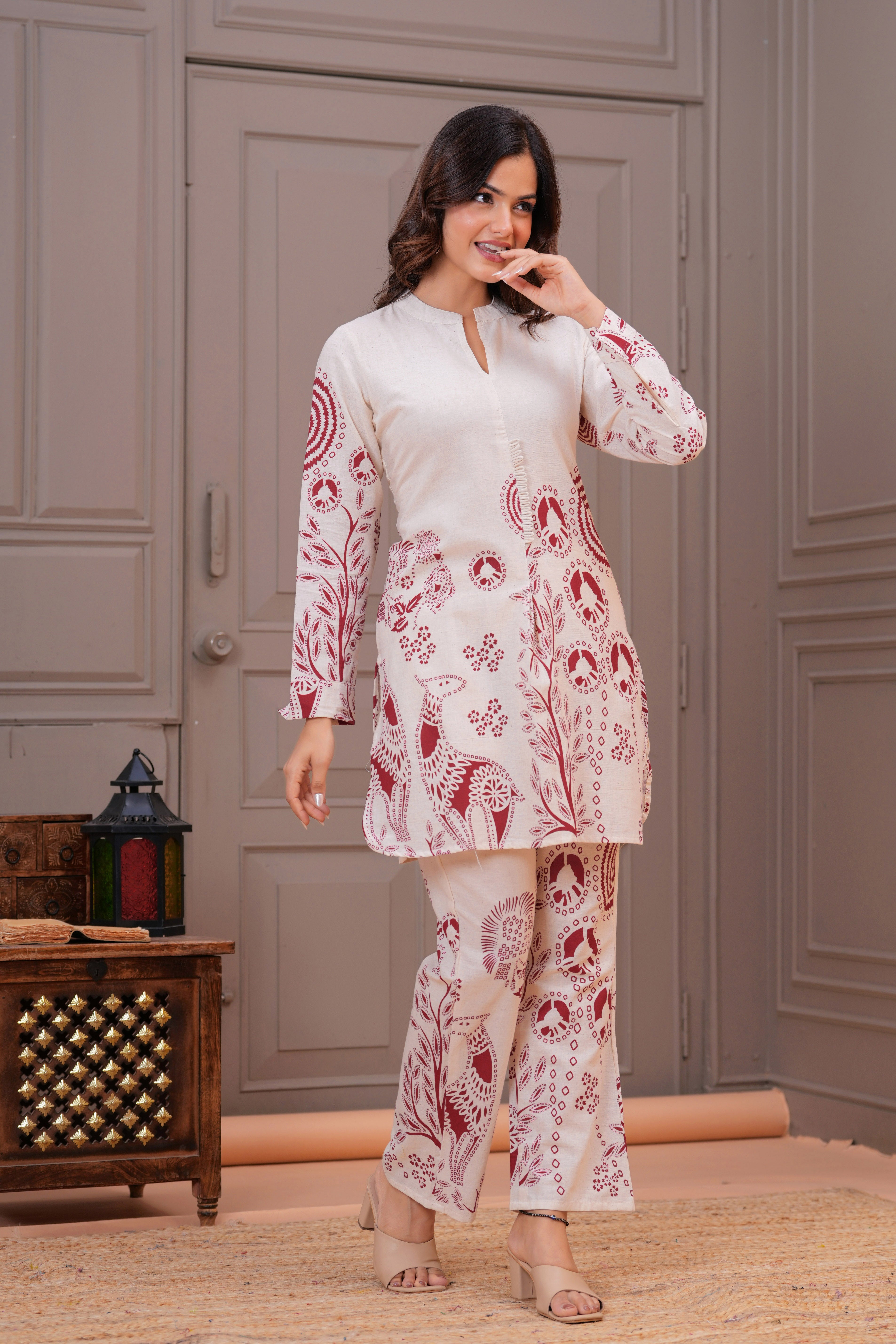 Off White Printed Cotton Flex Co-Ord Set