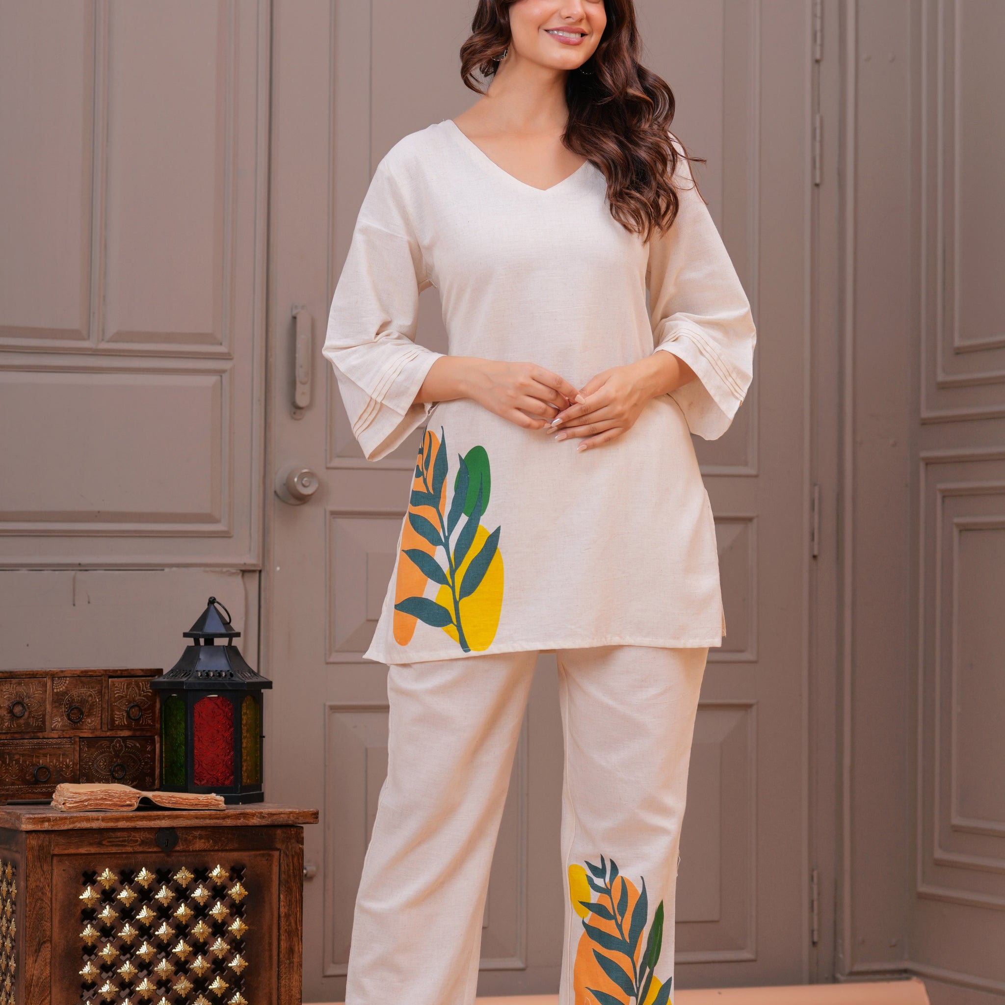 Off White Printed Cotton Flex Co-Ord Set