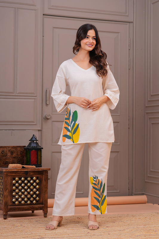 Off White Printed Cotton Flex Co-Ord Set