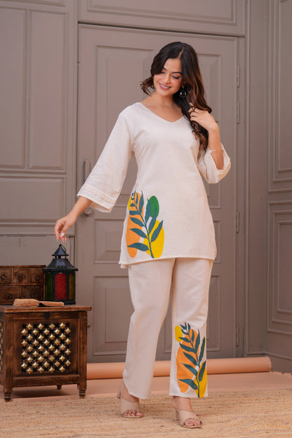 Off White Printed Cotton Flex Co-Ord Set